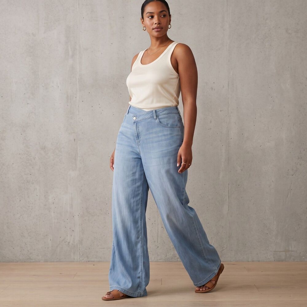 Halara Lyocell Lightweight Flowy Asymmetric Waist Denim Look Wide Leg Pants XL